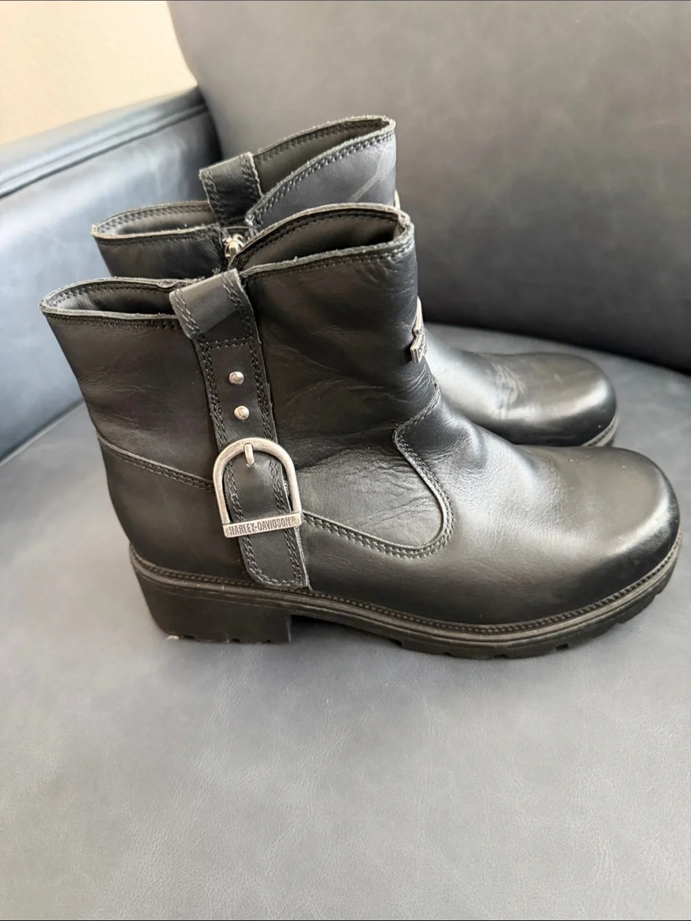 Harley-Davidson Black Leather Short Biker Boots with Shield Emblem